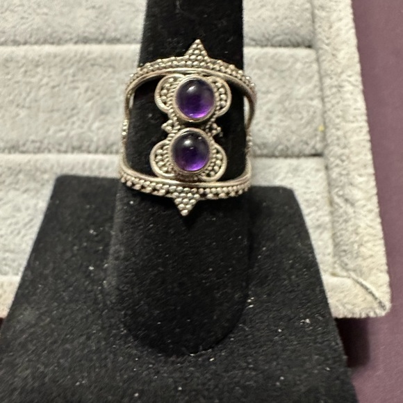 New Sterling Silver Boho Double Purple Amethyst Ring Size 9 Gemstone Crystal - Picture 9 of 11